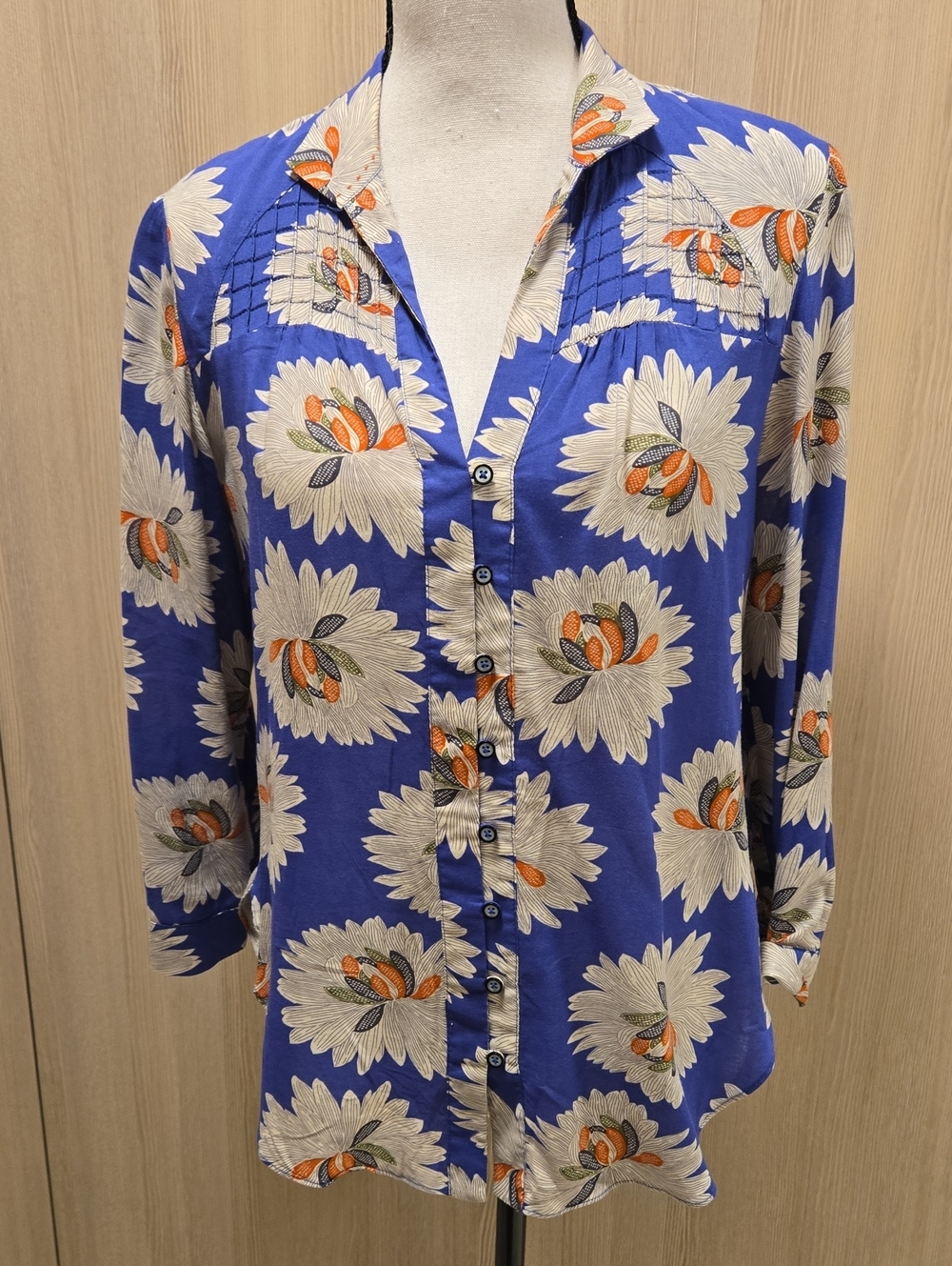 Anthropologie Royal Blue Floral Button-Front Blouse with Cream & Orange Accents